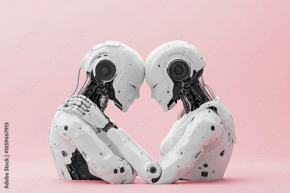 Poster depicts two humanoid robots in a harmonious embrace, symbolizing unity and connection in a digital a