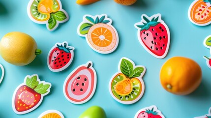 Colorful arrangement of various ripe and juicy tropical fruits including oranges lemons watermelon and strawberries on a turquoise blue background  Healthy
