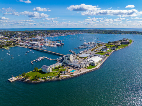 Goat Island aerial view including Goat Island Marina and Goat Island Lighthouse in Narragansett Bay, Newport, Rhode Island RI, USA. 