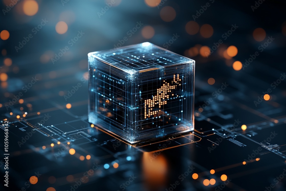 Poster a digital cube with glowing elements and circuit lines represents advanced technology and innovation