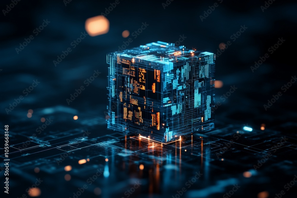 Poster this image features a futuristic cube adorned with glowing data patterns and intricate circuitry, sy