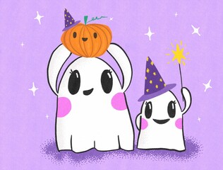 Cute Halloween ghost with happy pumpkin