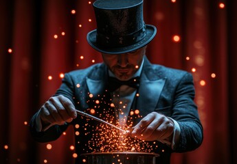 A magician performs a captivating trick with a top hat and wand