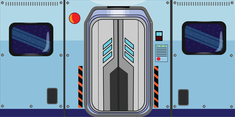 Art & Illustration door spaceship space metal interior gate ship futuristic future laboratory background tech lab portal technology inside station spacecraft digital realistic vector corridor vault wa © Valerii