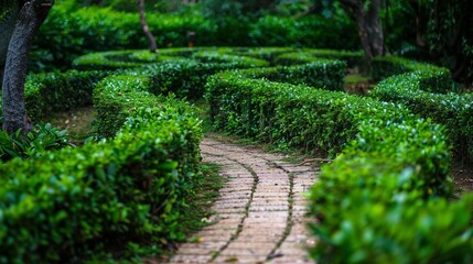 Obraz premium Brick Path Winding Through Lush Green Hedges