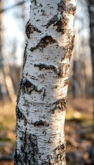 Fototapeta premium Close-up of a birch tree bark, revealing its distinctive white and black pattern.