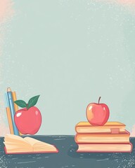 Back to School: Illustration of Books, Apples, and Pencils on a Blue and White Background.