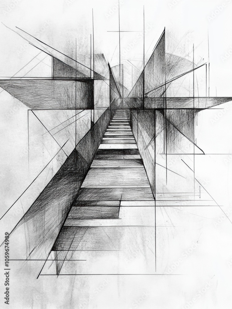 Poster The artwork showcases a complex bridge structure formed by intersecting lines and shapes, creating a sense of depth and perspective. Generative AI