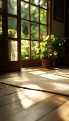 Fototapeta premium Sunlight streams through a window, casting warm light on a rug and wooden floor.