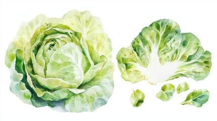 Fototapeta premium A vibrant watercolor artwork features a whole green cabbage alongside its cut sections, highlighting the intricate textures and shades of the vegetable
