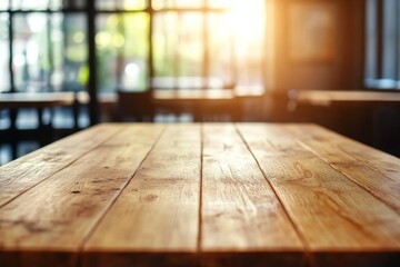 A close-up view of a rustic wooden table in a cafe setting. The warm light shines through the window, highlighting the natural grain of the wood.