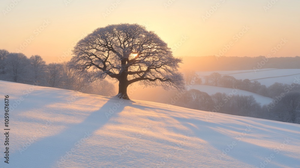 Poster a lone tree rises above the pristine snow, its branches dusted with frost, as the soft light of dawn