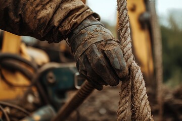 Obraz premium A Worker's Hand Grips a Sturdy Rope Amidst a Construction Site, Showcasing Teamwork and Labor During a Cloudy Day