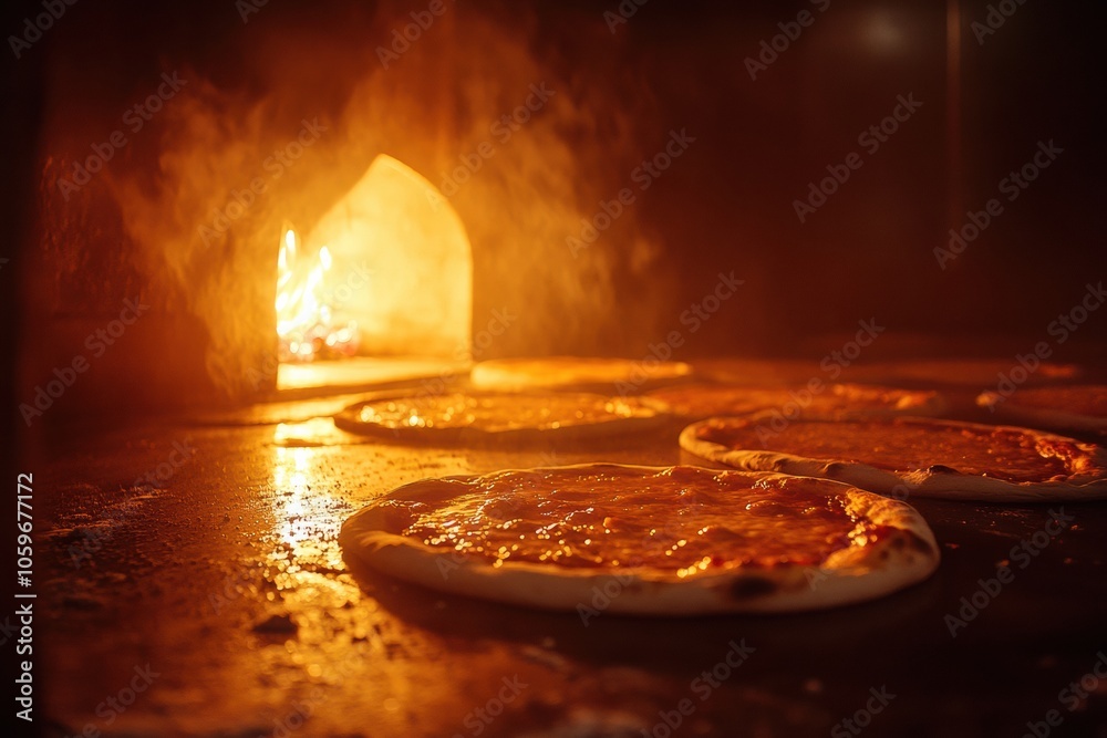 Poster multiple pizzas are baking inside a wood-fired oven, with vibrant flames adding warmth and flavor to