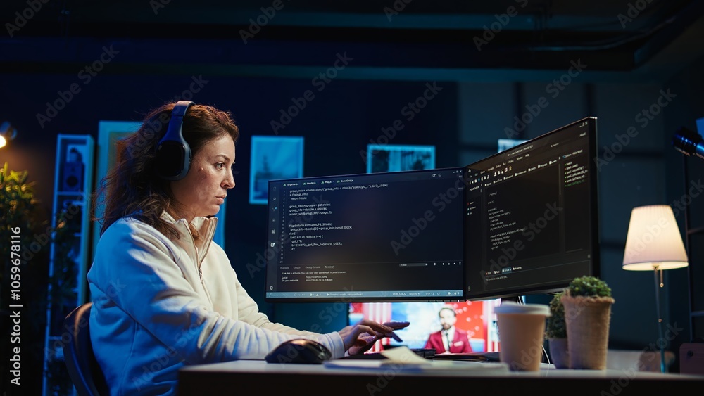 Poster woman listening music while doing software quality assurance, reading source code on computer screen