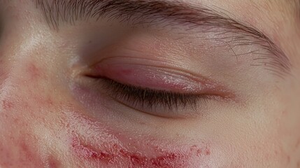 Close-up of a person's eye with redness and swelling around it, a possible sign of cellulitis.