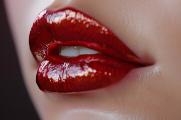 Obraz premium Close-up of glossy red lips showcasing a vibrant and alluring shine, emphasizing beauty and allure.