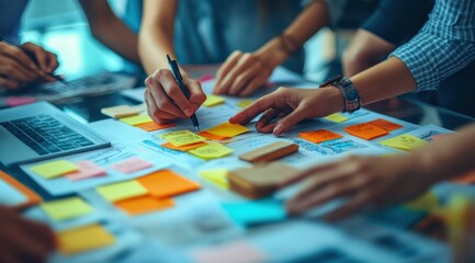 Obraz premium The collaborative energy of a modern workspace shines as a smiling person sits with the team brainstorming and colorful notes in the background.