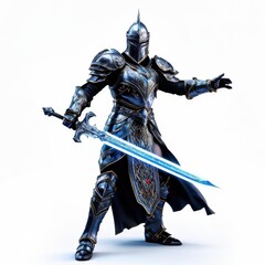 Fototapeta premium A fantasy knight in ornate armor wielding a glowing sword, ready for battle.