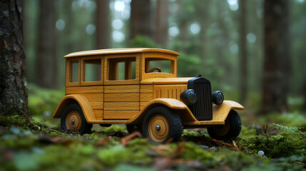 Wooden Toy Car in Forest Setting - Realistic Toy Photography