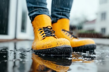 A pair of sturdy yellow boots stand firmly on a wet pavement with rain continuing to pour, symbolizing resilience and readiness for outdoor adventures.