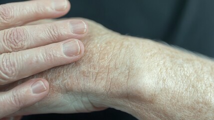 Close-up of an elderly person's hand, showing the texture of their skin with age.