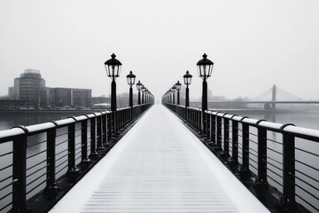 Obraz premium A snowy pedestrian bridge extends into the distance, lined with black iron lamps, against a backdrop of a cloudy, overcast sky and modern buildings.