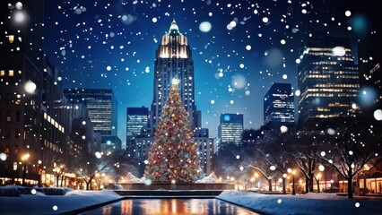 Fototapeta premium A festive winter scene featuring a decorated Christmas tree in a snowy urban environment.