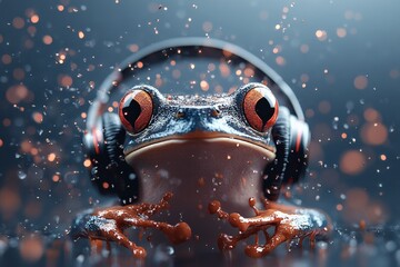 An orange-blue frog grooves with headphones surrounded by droplets, symbolizing harmony between natural and musical worlds, signifying connection and rhythm.