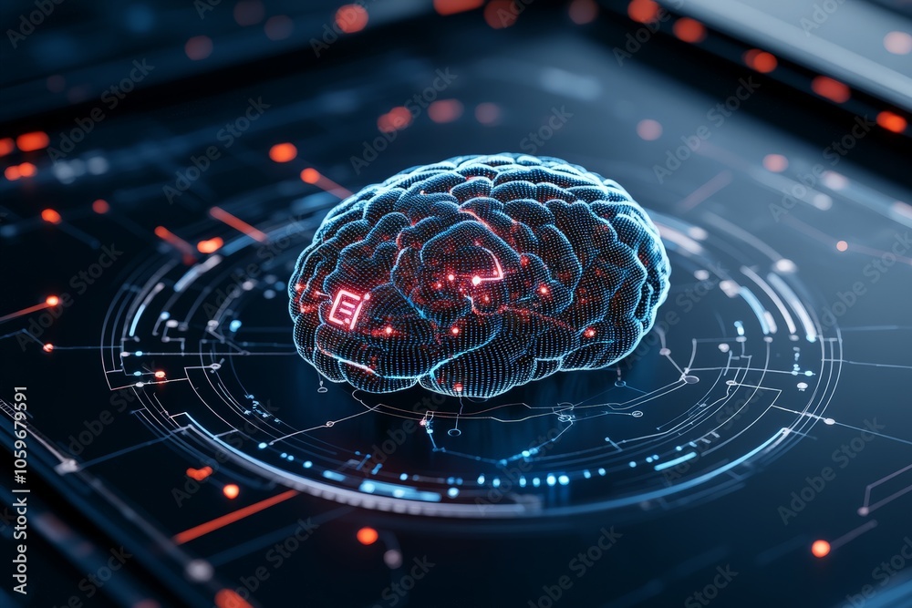 Poster a holographic brain design floats in a digital futuristic space, surrounded by intricate patterns re