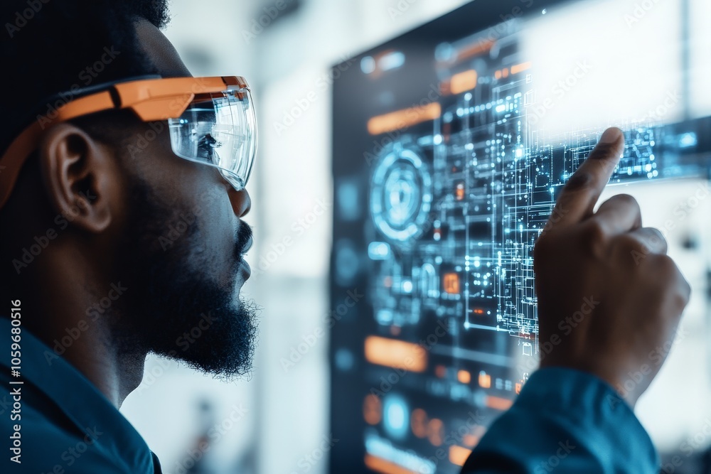 Poster an engineer wears safety goggles while engaging with a digital interface, analyzing advanced technol