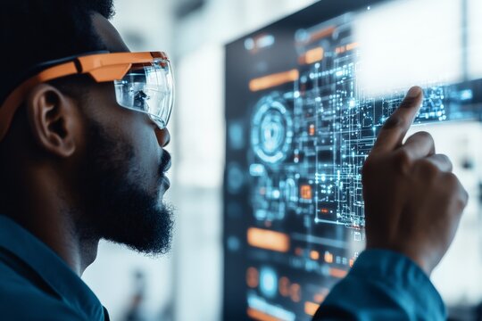 An engineer wears safety goggles while engaging with a digital interface, analyzing advanced technological data and processes in a controlled laboratory environment. - Powered by Adobe