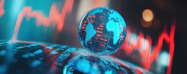 Glowing Digital Globe with Reflection and Abstract Red Graph Lines