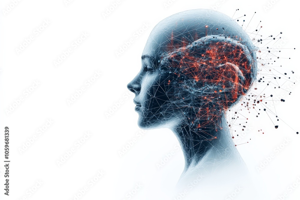 Poster depiction of a human profile with neural network structure, featuring red nodes representing connect