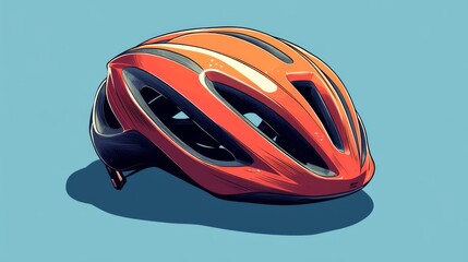 Fototapeta premium Red and orange bicycle helmet on a blue background.
