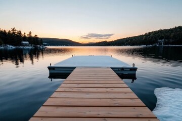 Fototapeta premium A tranquil sunset scene featuring a calm lake with a wooden pier extending into the water, surrounded by lush evergreen trees, epitomizing peaceful solitude.
