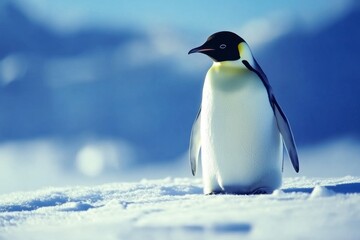 Obraz premium Majestic emperor penguin standing on snowy antarctic landscape. Penguin Awareness Day