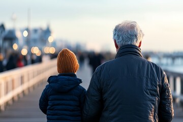 Viewed from the back, an old man and a young boy walk side-by-side along a bustling boardwalk, embodying companionship and shared moments of tranquility by the ocean.