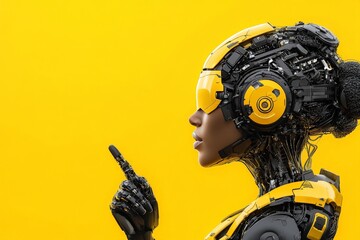 A futuristic robot, with intricate technology and a sleek yellow aesthetic, stands in profile against a vibrant yellow background, representing innovation and advanced design.