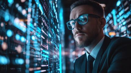 logistics manager analyzing digital data in modern warehouse, showcasing technology and data analysis. scene conveys focus and professionalism