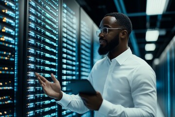 Fototapeta premium An engineer evaluates a row of brightly glowing servers, exemplifying the essential role of human oversight in ensuring technology systems remain effective and secure.