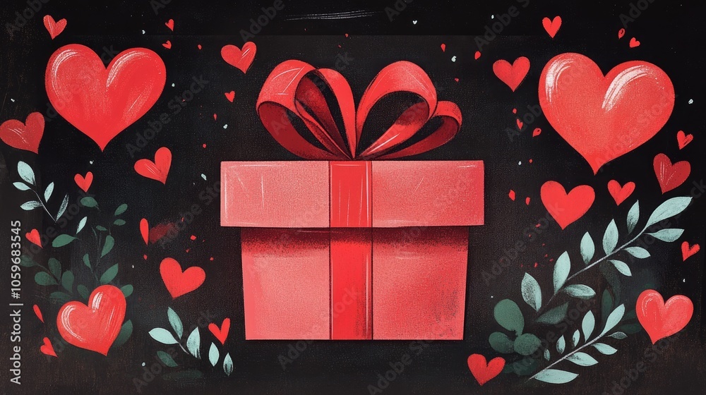 Wall mural Valentine s Day card featuring a gift box and red heart designs