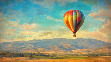 Obraz premium Colorful hot air balloon gliding above a stunning rural vista in a gentle impressionistic style