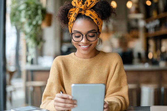 A cheerful woman sits at a cafe table, using a tablet while dressed in a warm sweater and headband, creating a cozy and inviting atmosphere filled with natural light. - Powered by Adobe