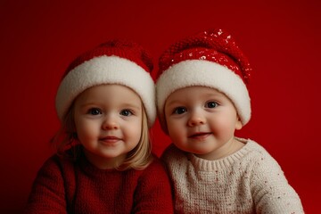 Two little girls wearing Christmas hats, smiling on red background, festive holiday cheer, joyful expressions.