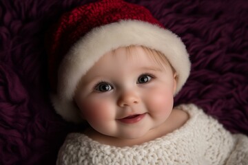 Baby in Santa hat lying on purple blanket, smiling, cozy holiday scene, warm lighting, festive mood.