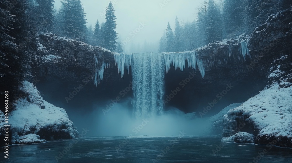 Poster a captivating frozen waterfall cascades into a tranquil pool, surrounded by tall evergreen trees bla