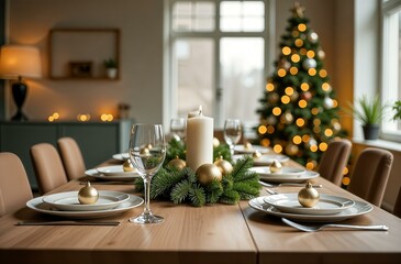 Christmas table with a white tablecloth, plates, glasses and Christmas decor in a large bright house against the backdrop of a Christmas tree.