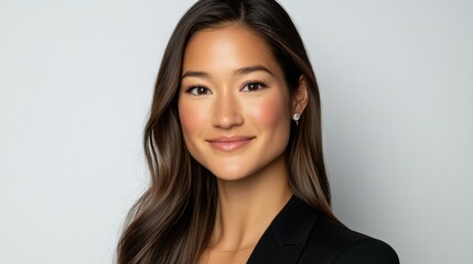 Fototapeta premium Woman with long brown hair wearing black blazer, standing confidently, professional and poised.