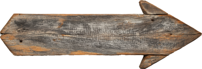 Rustic wooden arrow sign on transparent background, vintage direction concept